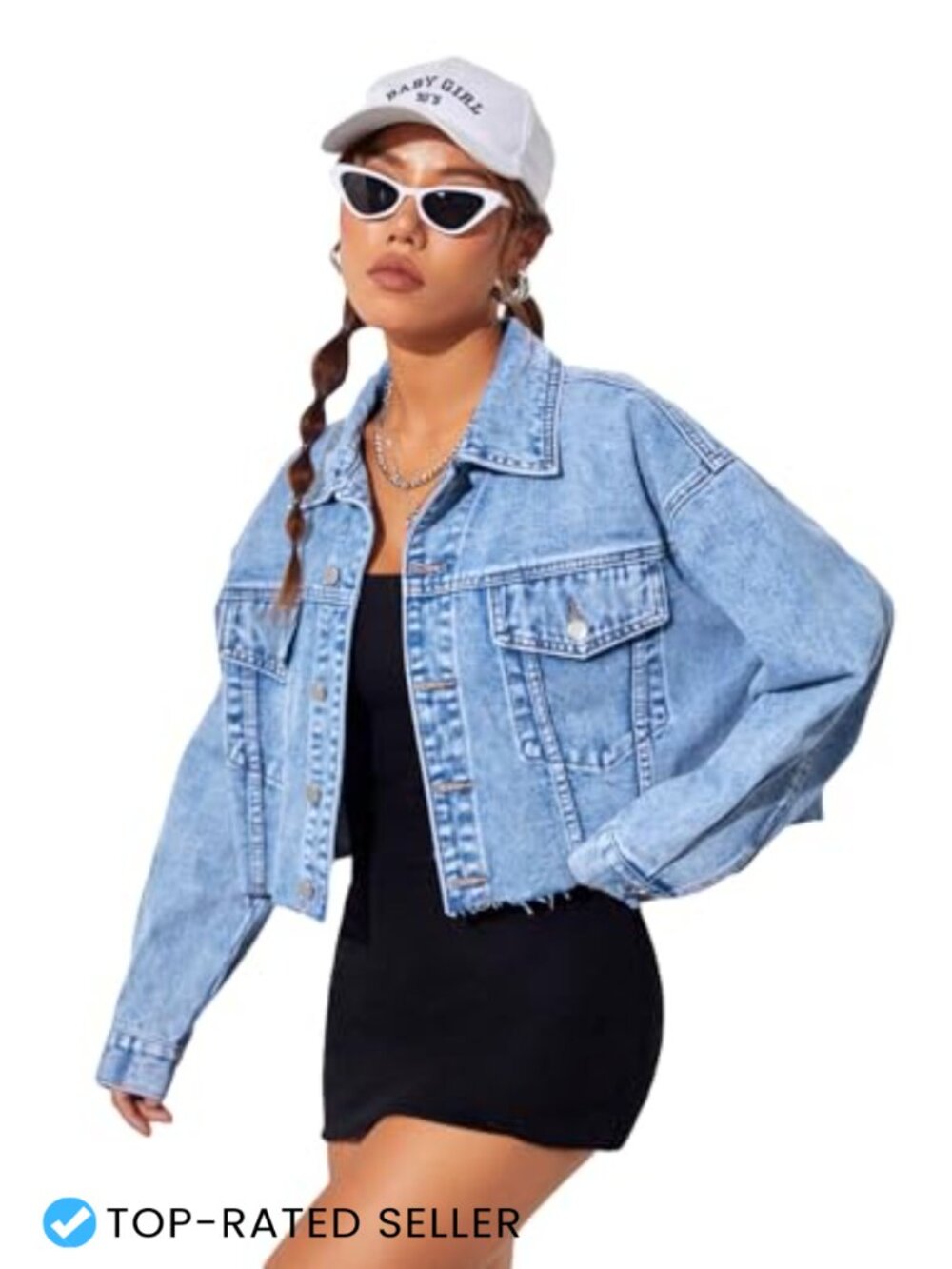 Cropped Denim Jacket Oversized Long Sleeve Button Down Flap Pocket